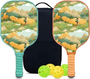 Custom Pickleball Paddles Set with 2 Pickleball Rackets 4 Pickle Balls 1 Carry Bag, Hiking-BJ143 Pattern, Carbon Fiber,Honeycomb Polymer Core & Comfort Grip