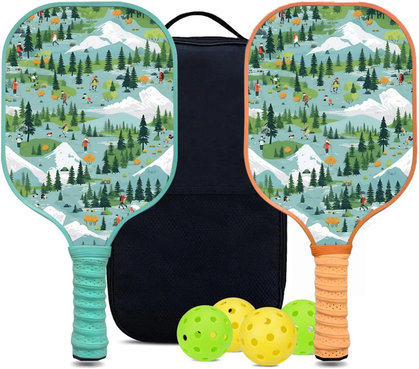Custom Pickleball Paddles Set with 2 Pickleball Rackets 4 Pickle Balls 1 Carry Bag, Hiking-BJ145 Pattern, Carbon Fiber,Honeycomb Polymer Core & Comfort Grip