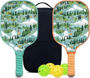 Custom Pickleball Paddles Set with 2 Pickleball Rackets 4 Pickle Balls 1 Carry Bag, Hiking-BJ145 Pattern, Carbon Fiber,Honeycomb Polymer Core & Comfort Grip
