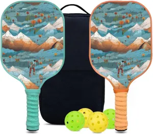 Custom Pickleball Paddles Set with 2 Pickleball Rackets 4 Pickle Balls 1 Carry Bag, Hiking-BJ148 Pattern, Carbon Fiber,Honeycomb Polymer Core & Comfort Grip