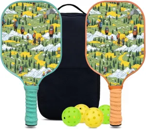 Custom Pickleball Paddles Set with 2 Pickleball Rackets 4 Pickle Balls 1 Carry Bag, Hiking-BJ150 Pattern, Carbon Fiber,Honeycomb Polymer Core & Comfort Grip