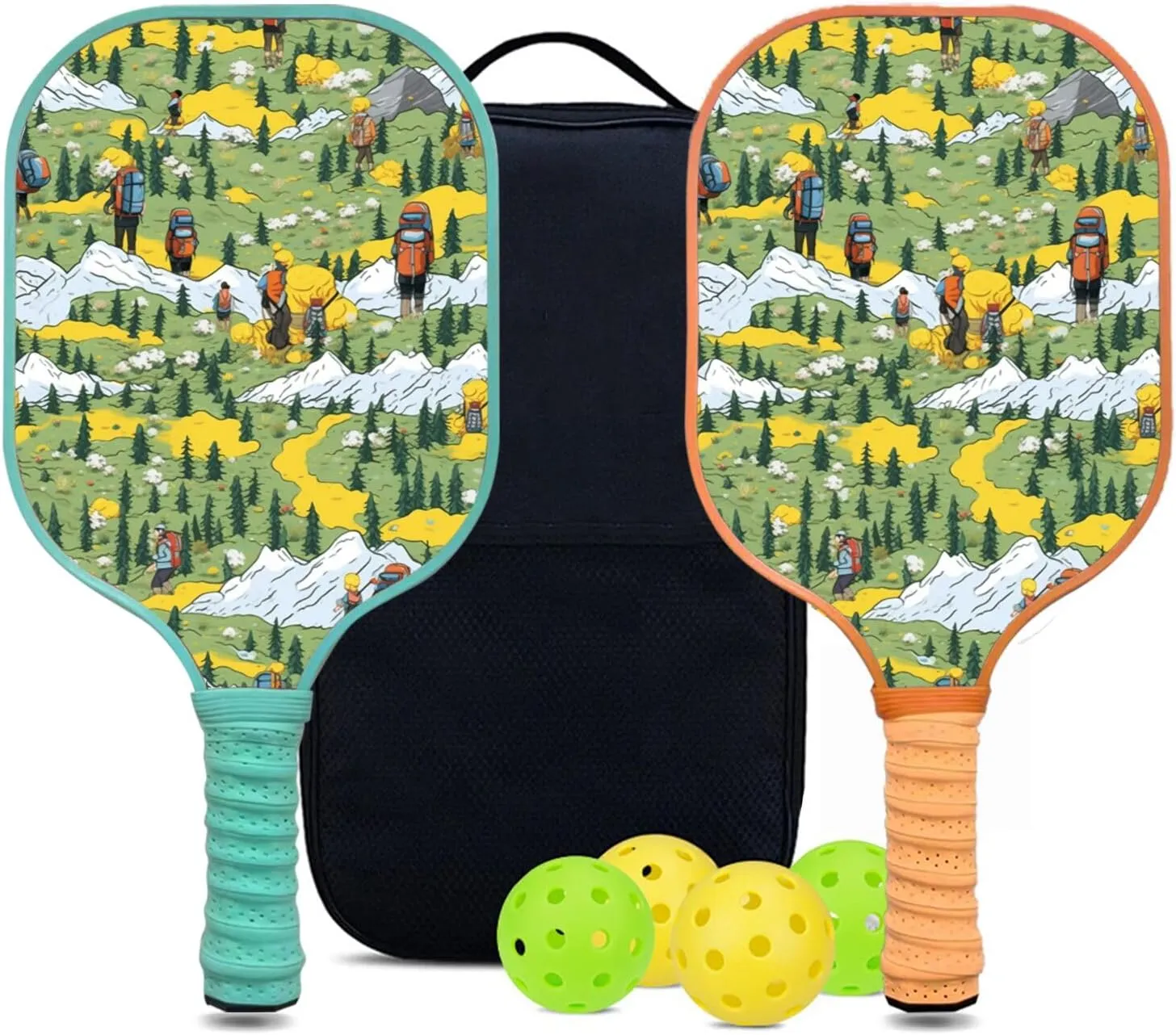 Custom Pickleball Paddles Set with 2 Pickleball Rackets 4 Pickle Balls 1 Carry Bag, Hiking-BJ150 Pattern, Carbon Fiber,Honeycomb Polymer Core & Comfort Grip