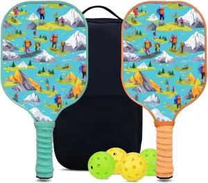 Custom Pickleball Paddles Set with 2 Pickleball Rackets 4 Pickle Balls 1 Carry Bag, Hiking-BJ152 Pattern, Carbon Fiber,Honeycomb Polymer Core & Comfort Grip