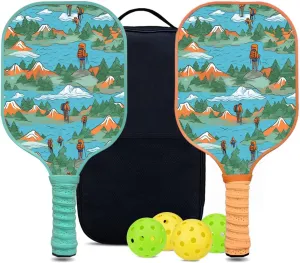 Custom Pickleball Paddles Set with 2 Pickleball Rackets 4 Pickle Balls 1 Carry Bag, Hiking-BJ153 Pattern, Carbon Fiber,Honeycomb Polymer Core & Comfort Grip
