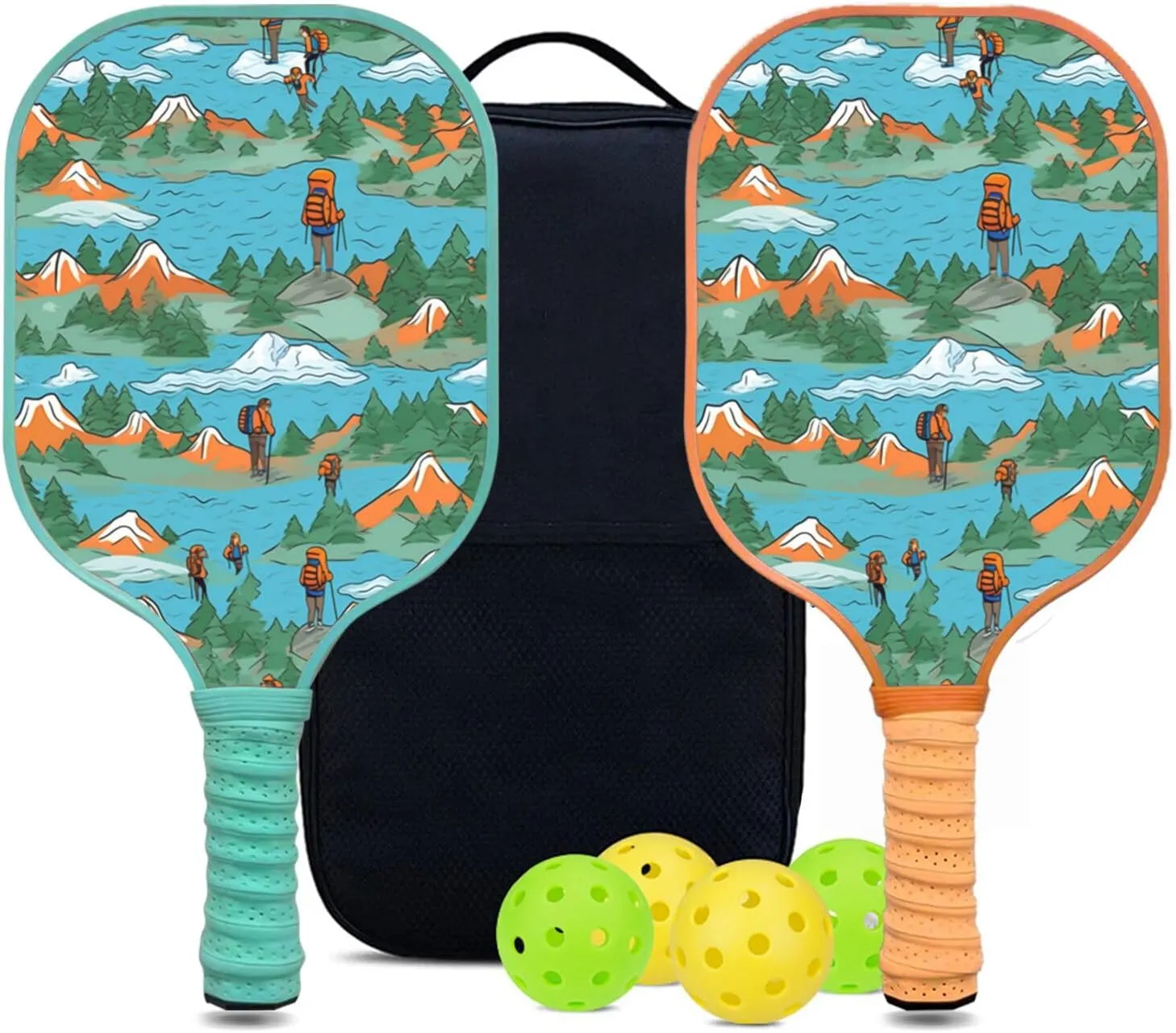 Custom Pickleball Paddles Set with 2 Pickleball Rackets 4 Pickle Balls 1 Carry Bag, Hiking-BJ153 Pattern, Carbon Fiber,Honeycomb Polymer Core & Comfort Grip