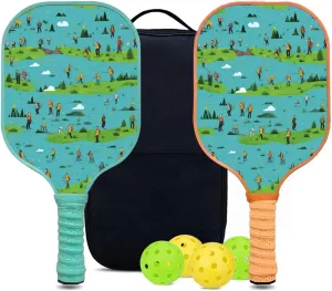 Custom Pickleball Paddles Set with 2 Pickleball Rackets 4 Pickle Balls 1 Carry Bag, Hiking-BJ157 Pattern, Carbon Fiber,Honeycomb Polymer Core & Comfort Grip