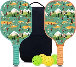 Custom Pickleball Paddles Set with 2 Pickleball Rackets 4 Pickle Balls 1 Carry Bag, Hiking-BJ164 Pattern, Carbon Fiber,Honeycomb Polymer Core & Comfort Grip