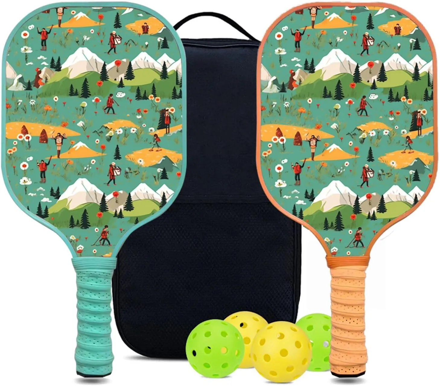 Custom Pickleball Paddles Set with 2 Pickleball Rackets 4 Pickle Balls 1 Carry Bag, Hiking-BJ164 Pattern, Carbon Fiber,Honeycomb Polymer Core & Comfort Grip