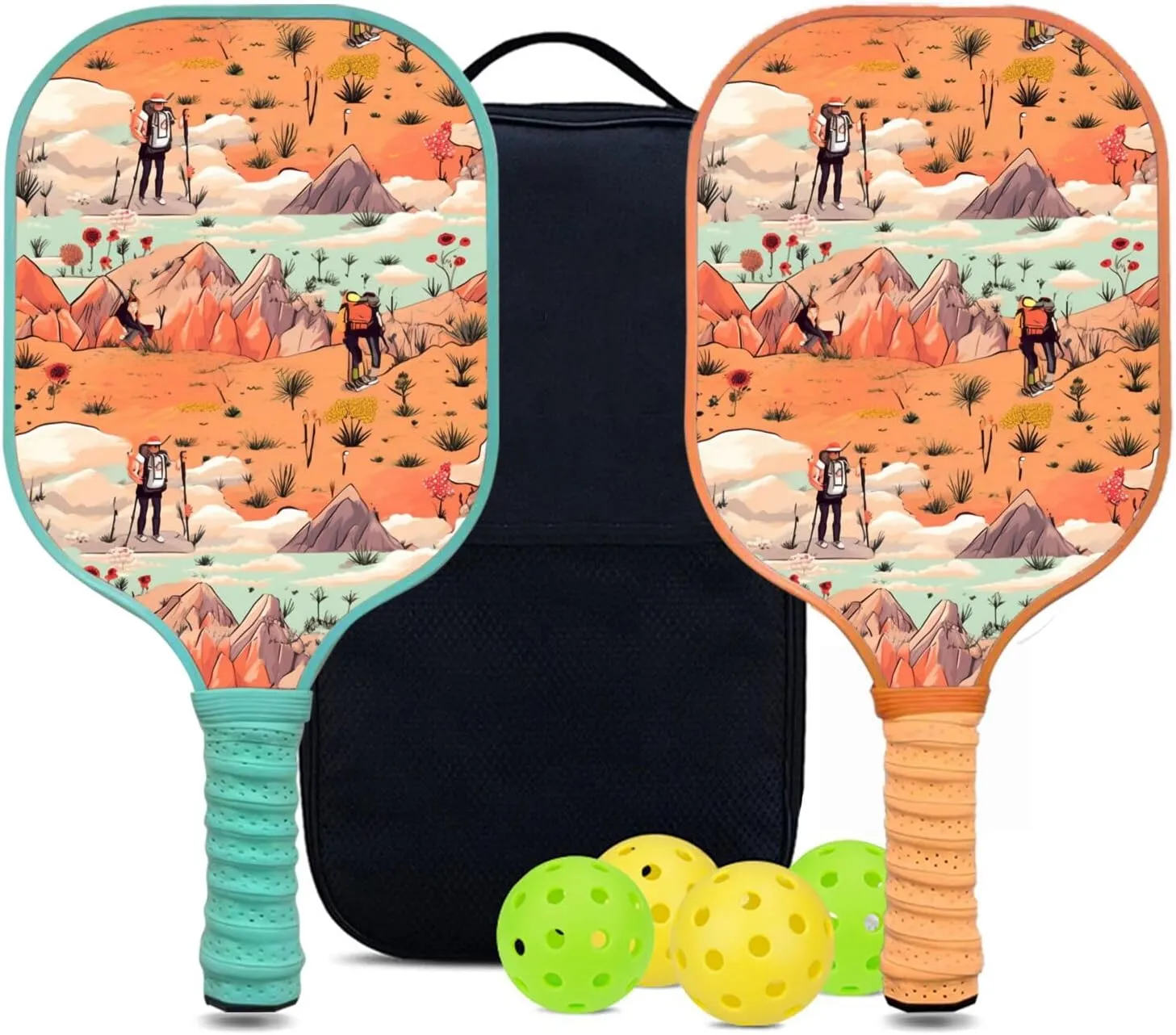 Custom Pickleball Paddles Set with 2 Pickleball Rackets 4 Pickle Balls 1 Carry Bag, Hiking-BJ165 Pattern, Carbon Fiber,Honeycomb Polymer Core & Comfort Grip