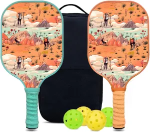 Custom Pickleball Paddles Set with 2 Pickleball Rackets 4 Pickle Balls 1 Carry Bag, Hiking-BJ165 Pattern, Carbon Fiber,Honeycomb Polymer Core & Comfort Grip