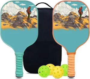Custom Pickleball Paddles Set with 2 Pickleball Rackets 4 Pickle Balls 1 Carry Bag, Hiking-BJ168 Pattern, Carbon Fiber,Honeycomb Polymer Core & Comfort Grip