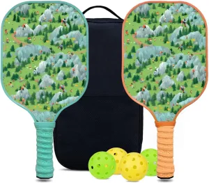 Custom Pickleball Paddles Set with 2 Pickleball Rackets 4 Pickle Balls 1 Carry Bag, Hiking-BJ173 Pattern, Carbon Fiber,Honeycomb Polymer Core & Comfort Grip