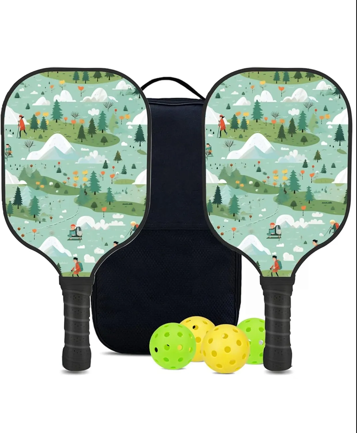 Custom Pickleball Paddles Set with 2 Pickleball Rackets 4 Pickle Balls 1 Carry Bag, Hiking-BJ186 Pattern, Carbon Fiber,Honeycomb Polymer Core & Comfort Grip