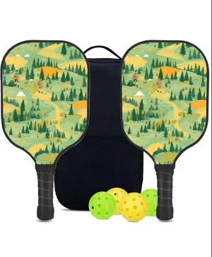 Custom Pickleball Paddles Set with 2 Pickleball Rackets 4 Pickle Balls 1 Carry Bag, Hiking-BJ189 Pattern, Carbon Fiber,Honeycomb Polymer Core & Comfort Grip