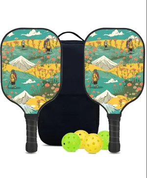 Custom Pickleball Paddles Set with 2 Pickleball Rackets 4 Pickle Balls 1 Carry Bag, Hiking-BJ197 Pattern, Carbon Fiber,Honeycomb Polymer Core & Comfort Grip