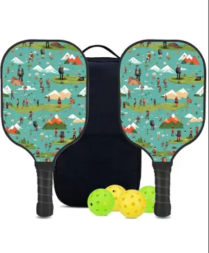 Custom Pickleball Paddles Set with 2 Pickleball Rackets 4 Pickle Balls 1 Carry Bag, Hiking-BJ199 Pattern, Carbon Fiber,Honeycomb Polymer Core & Comfort Grip