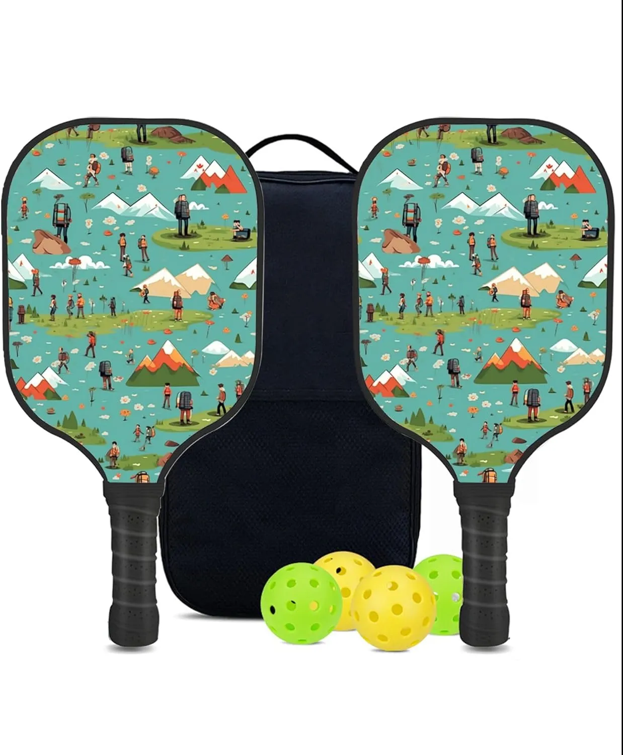 Custom Pickleball Paddles Set with 2 Pickleball Rackets 4 Pickle Balls 1 Carry Bag, Hiking-BJ199 Pattern, Carbon Fiber,Honeycomb Polymer Core & Comfort Grip