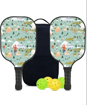 Custom Pickleball Paddles Set with 2 Pickleball Rackets 4 Pickle Balls 1 Carry Bag, Hiking-BJ200 Pattern, Carbon Fiber,Honeycomb Polymer Core & Comfort Grip