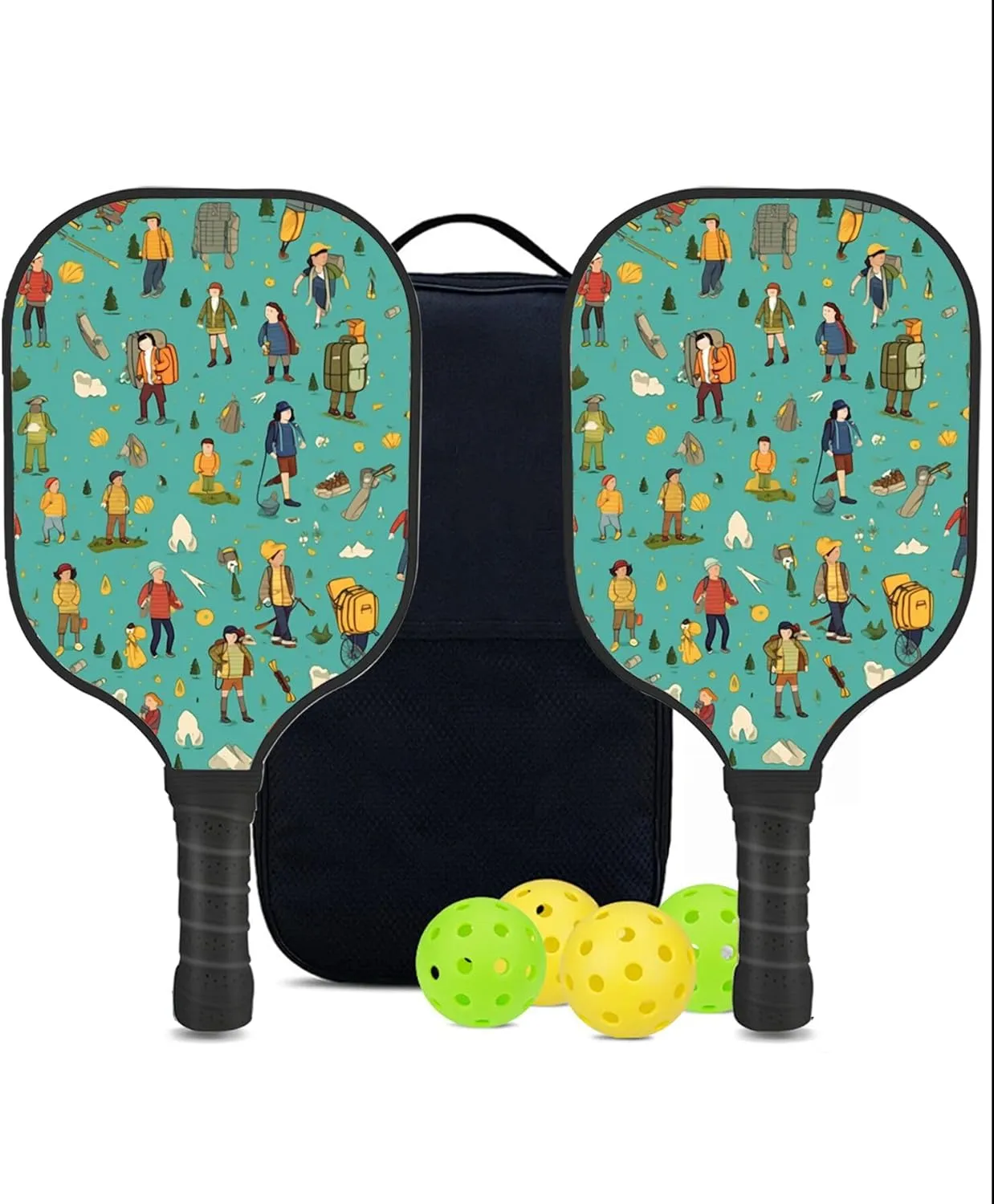 Custom Pickleball Paddles Set with 2 Pickleball Rackets 4 Pickle Balls 1 Carry Bag, Hiking-BJ210 Pattern, Carbon Fiber,Honeycomb Polymer Core & Comfort Grip
