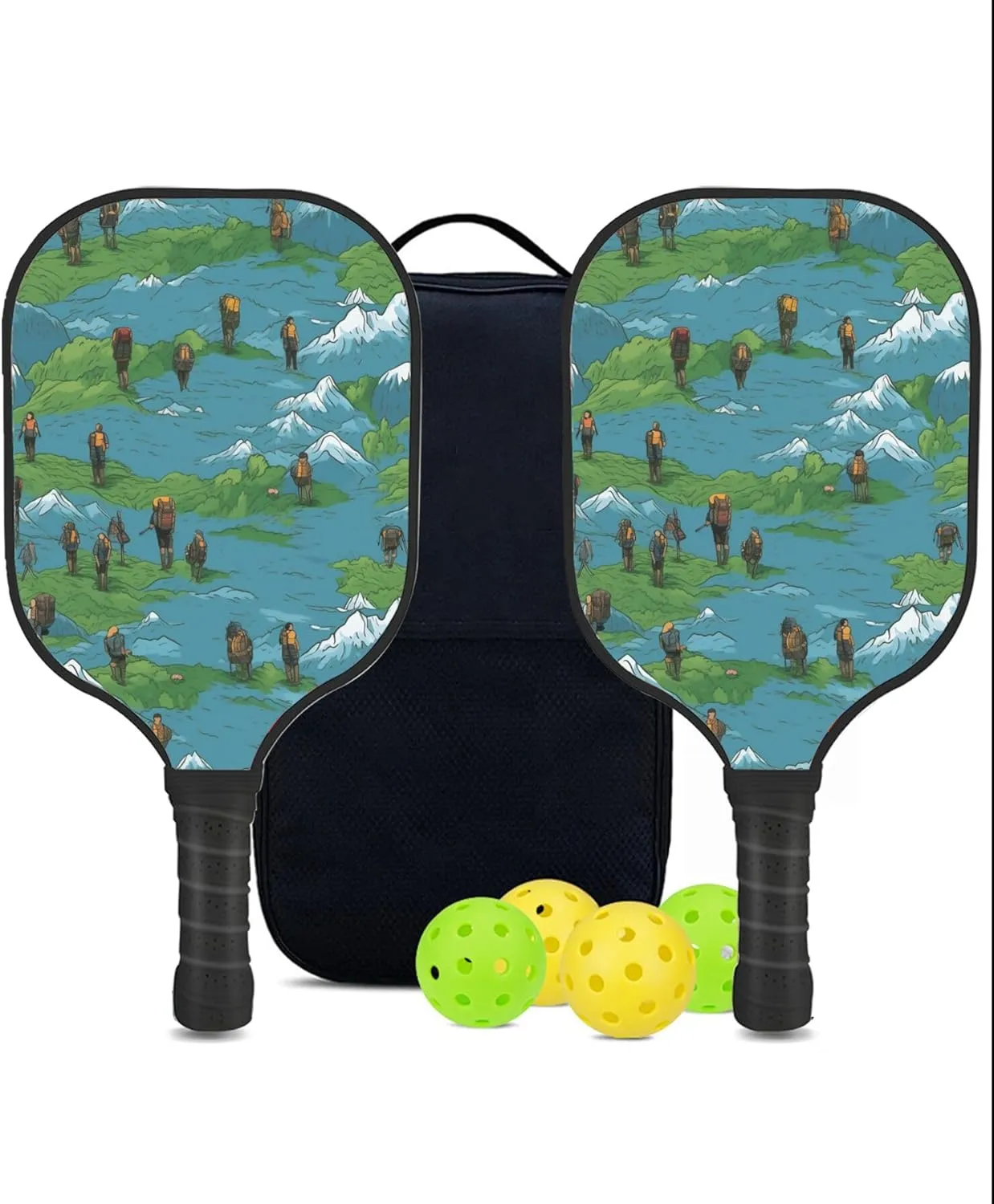 Custom Pickleball Paddles Set with 2 Pickleball Rackets 4 Pickle Balls 1 Carry Bag, Hiking-BJ211 Pattern, Carbon Fiber,Honeycomb Polymer Core & Comfort Grip