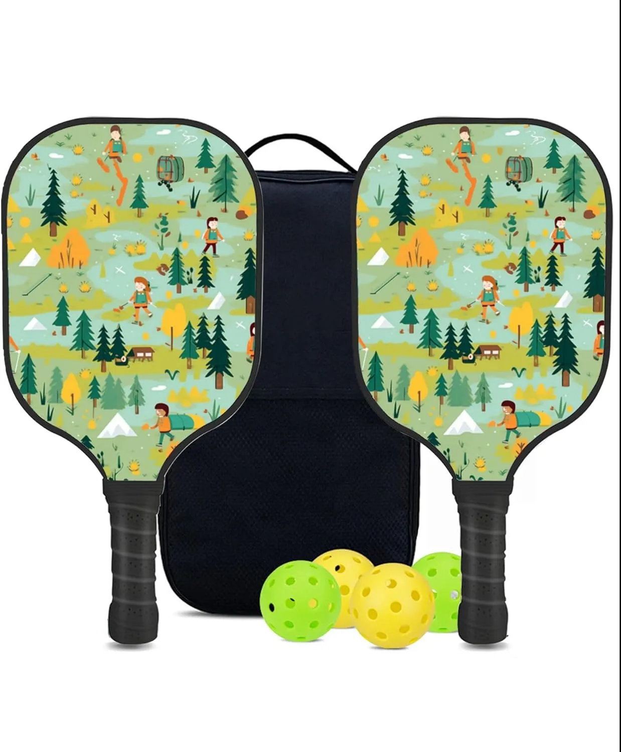 Custom Pickleball Paddles Set with 2 Pickleball Rackets 4 Pickle Balls 1 Carry Bag, Hiking-BJ220 Pattern, Carbon Fiber,Honeycomb Polymer Core & Comfort Grip