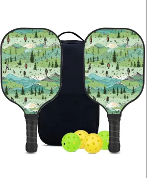 Custom Pickleball Paddles Set with 2 Pickleball Rackets 4 Pickle Balls 1 Carry Bag, Hiking-BJ221 Pattern, Carbon Fiber,Honeycomb Polymer Core & Comfort Grip