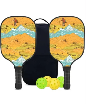 Custom Pickleball Paddles Set with 2 Pickleball Rackets 4 Pickle Balls 1 Carry Bag, Hiking-BJ231 Pattern, Carbon Fiber,Honeycomb Polymer Core & Comfort Grip