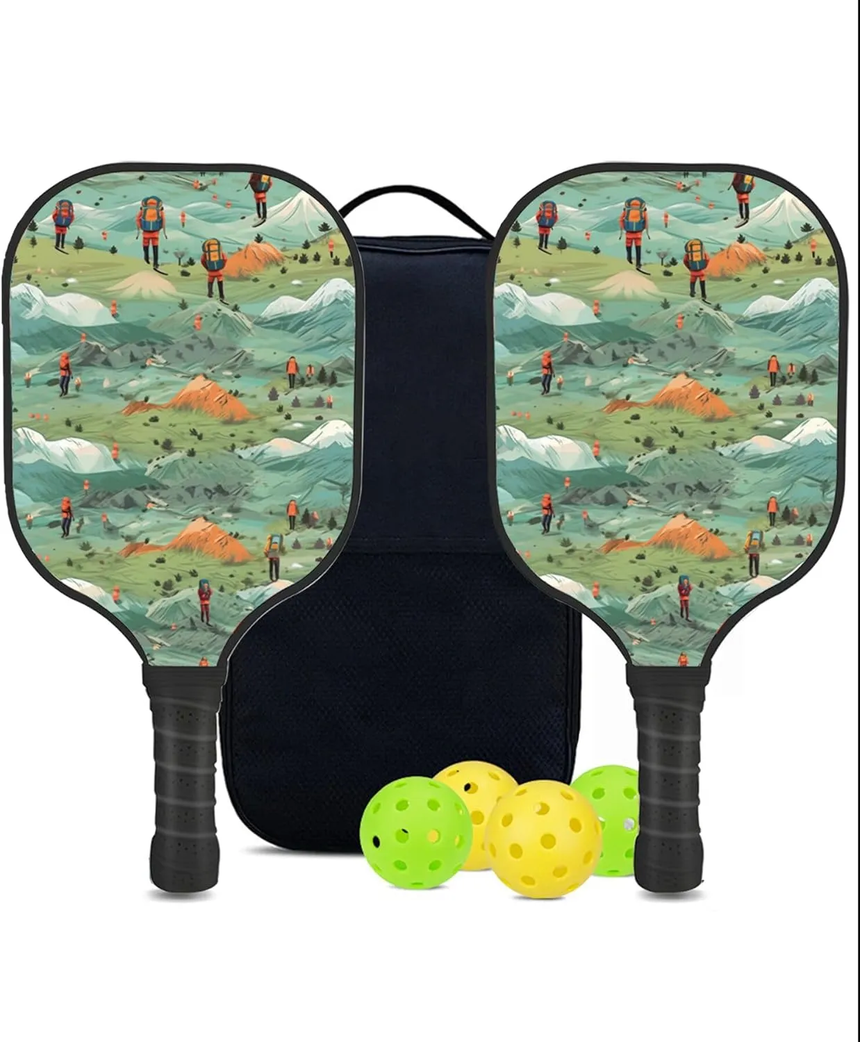 Custom Pickleball Paddles Set with 2 Pickleball Rackets 4 Pickle Balls 1 Carry Bag, Hiking-BJ232 Pattern, Carbon Fiber,Honeycomb Polymer Core & Comfort Grip