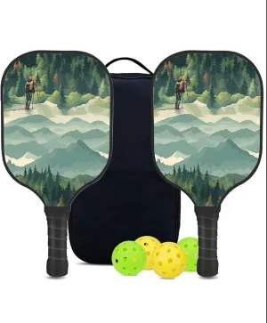 Custom Pickleball Paddles Set with 2 Pickleball Rackets 4 Pickle Balls 1 Carry Bag, Hiking-BJ255 Pattern, Carbon Fiber,Honeycomb Polymer Core & Comfort Grip