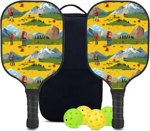 Custom Pickleball Paddles Set with 2 Pickleball Rackets 4 Pickle Balls 1 Carry Bag, Hiking-BJ286 Pattern, Carbon Fiber,Honeycomb Polymer Core & Comfort Grip