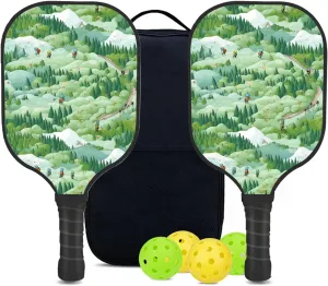 Custom Pickleball Paddles Set with 2 Pickleball Rackets 4 Pickle Balls 1 Carry Bag, Hiking-BJ300 Pattern, Carbon Fiber,Honeycomb Polymer Core & Comfort Grip