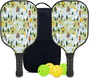 Custom Pickleball Paddles Set with 2 Pickleball Rackets 4 Pickle Balls 1 Carry Bag, Hiking-BJ306 Pattern, Carbon Fiber,Honeycomb Polymer Core & Comfort Grip