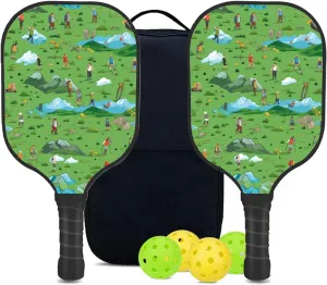 Custom Pickleball Paddles Set with 2 Pickleball Rackets 4 Pickle Balls 1 Carry Bag, Hiking-BJ329 Pattern, Carbon Fiber,Honeycomb Polymer Core & Comfort Grip