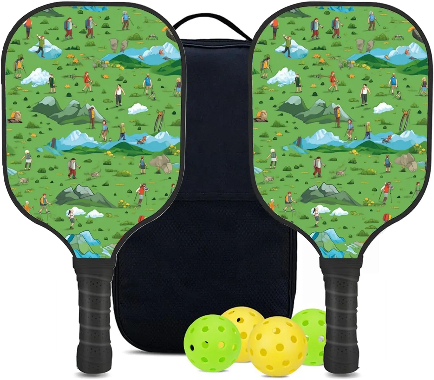 Custom Pickleball Paddles Set with 2 Pickleball Rackets 4 Pickle Balls 1 Carry Bag, Hiking-BJ329 Pattern, Carbon Fiber,Honeycomb Polymer Core & Comfort Grip