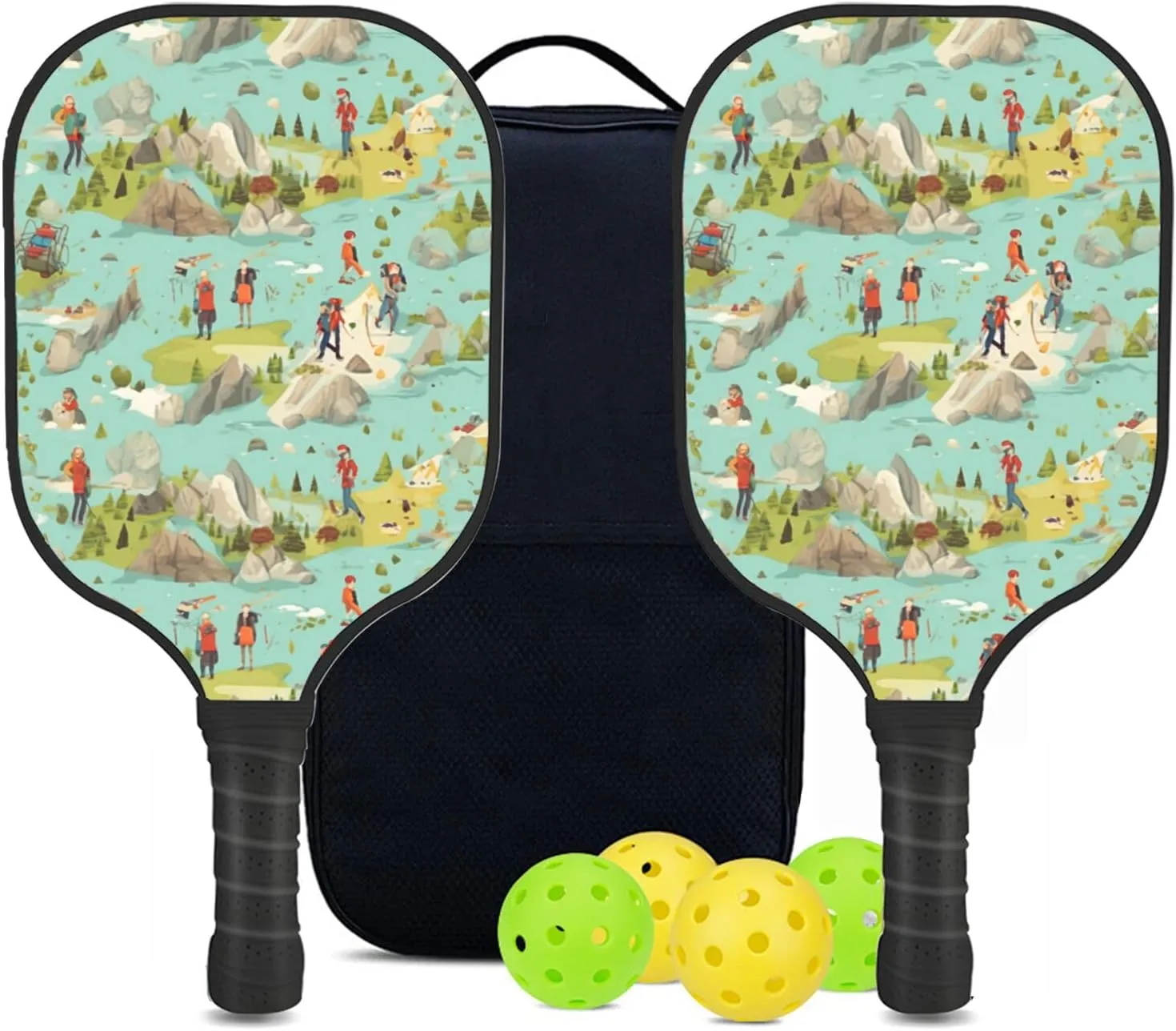 Custom Pickleball Paddles Set with 2 Pickleball Rackets 4 Pickle Balls 1 Carry Bag, Hiking-BJ368 Pattern, Carbon Fiber,Honeycomb Polymer Core & Comfort Grip