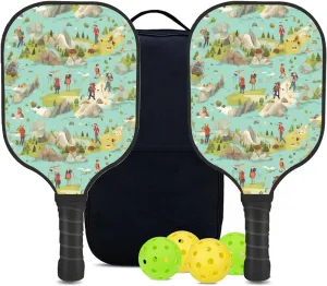 Custom Pickleball Paddles Set with 2 Pickleball Rackets 4 Pickle Balls 1 Carry Bag, Hiking-BJ368 Pattern, Carbon Fiber,Honeycomb Polymer Core & Comfort Grip