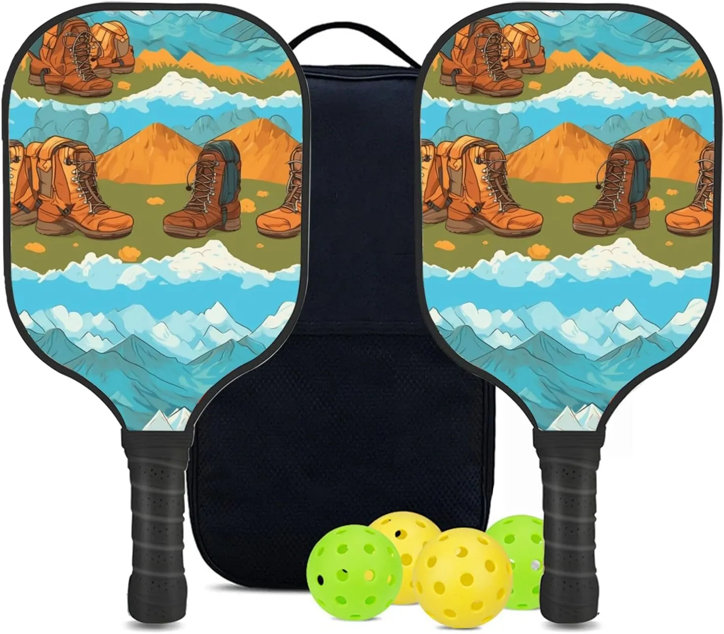 Custom Pickleball Paddles Set with 2 Pickleball Rackets 4 Pickle Balls 1 Carry Bag, Hiking-BJ376 Pattern, Carbon Fiber,Honeycomb Polymer Core & Comfort Grip
