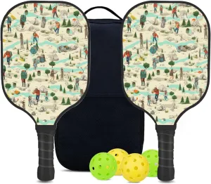 Custom Pickleball Paddles Set with 2 Pickleball Rackets 4 Pickle Balls 1 Carry Bag, Hiking-BJ382 Pattern, Carbon Fiber,Honeycomb Polymer Core & Comfort Grip