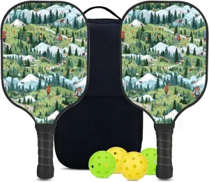 Custom Pickleball Paddles Set with 2 Pickleball Rackets 4 Pickle Balls 1 Carry Bag, Hiking-BJ384 Pattern, Carbon Fiber,Honeycomb Polymer Core & Comfort Grip