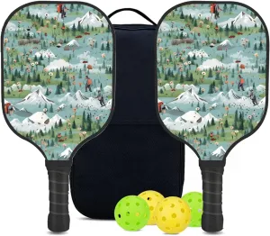 Custom Pickleball Paddles Set with 2 Pickleball Rackets 4 Pickle Balls 1 Carry Bag, Hiking-BJ385 Pattern, Carbon Fiber,Honeycomb Polymer Core & Comfort Grip