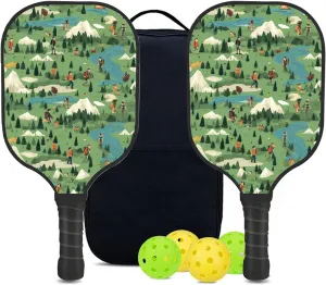 Custom Pickleball Paddles Set with 2 Pickleball Rackets 4 Pickle Balls 1 Carry Bag, Hiking-BJ386 Pattern, Carbon Fiber,Honeycomb Polymer Core & Comfort Grip