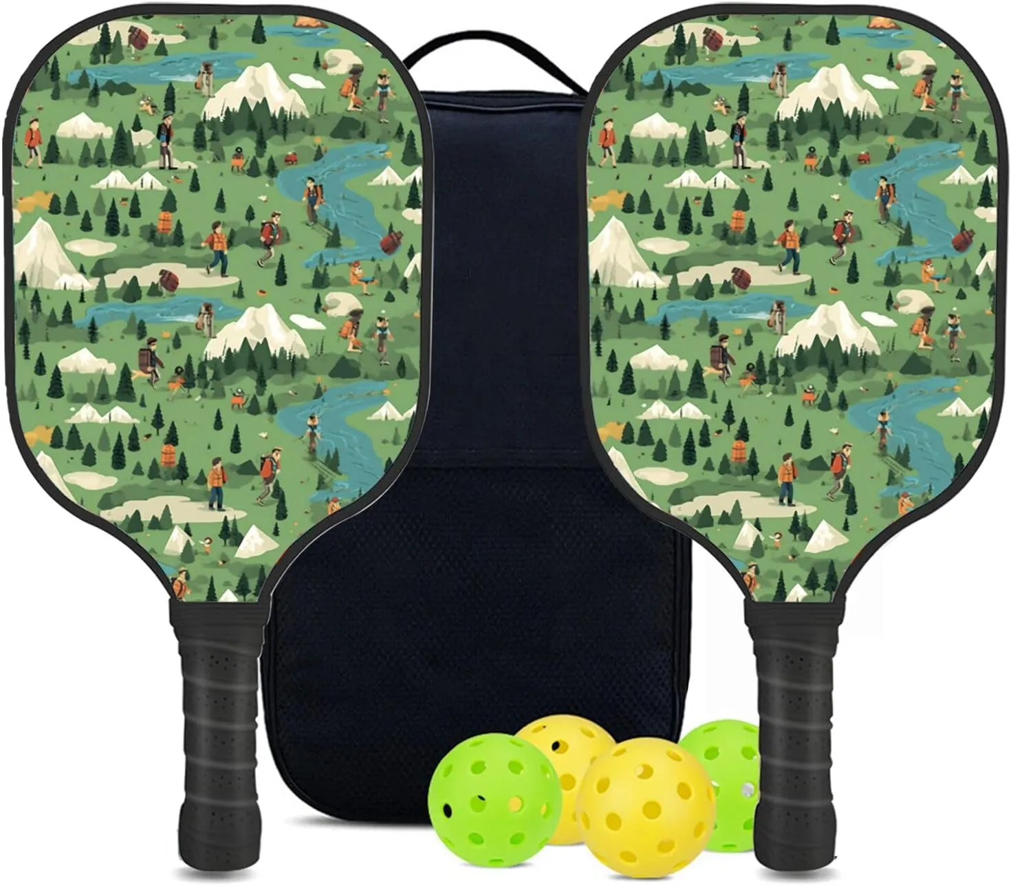 Custom Pickleball Paddles Set with 2 Pickleball Rackets 4 Pickle Balls 1 Carry Bag, Hiking-BJ386 Pattern, Carbon Fiber,Honeycomb Polymer Core & Comfort Grip