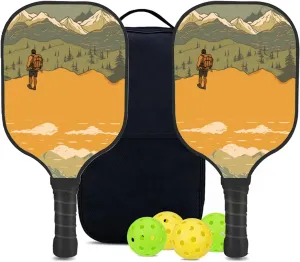 Custom Pickleball Paddles Set with 2 Pickleball Rackets 4 Pickle Balls 1 Carry Bag, Hiking-BJ390 Pattern, Carbon Fiber,Honeycomb Polymer Core & Comfort Grip