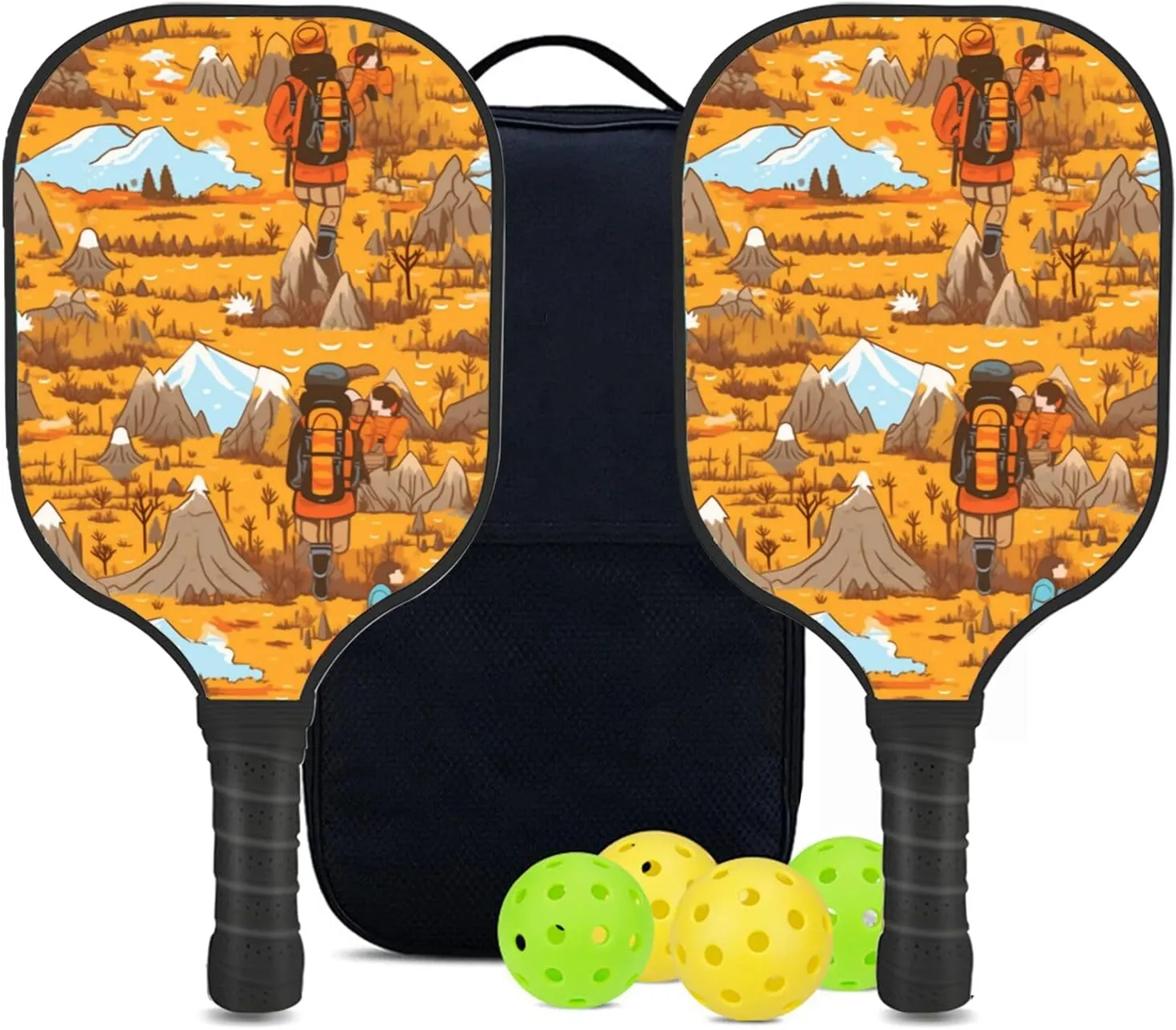 Custom Pickleball Paddles Set with 2 Pickleball Rackets 4 Pickle Balls 1 Carry Bag, Hiking-BJ399 Pattern, Carbon Fiber,Honeycomb Polymer Core & Comfort Grip
