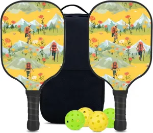 Custom Pickleball Paddles Set with 2 Pickleball Rackets 4 Pickle Balls 1 Carry Bag, Hiking-BJ400 Pattern, Carbon Fiber,Honeycomb Polymer Core & Comfort Grip