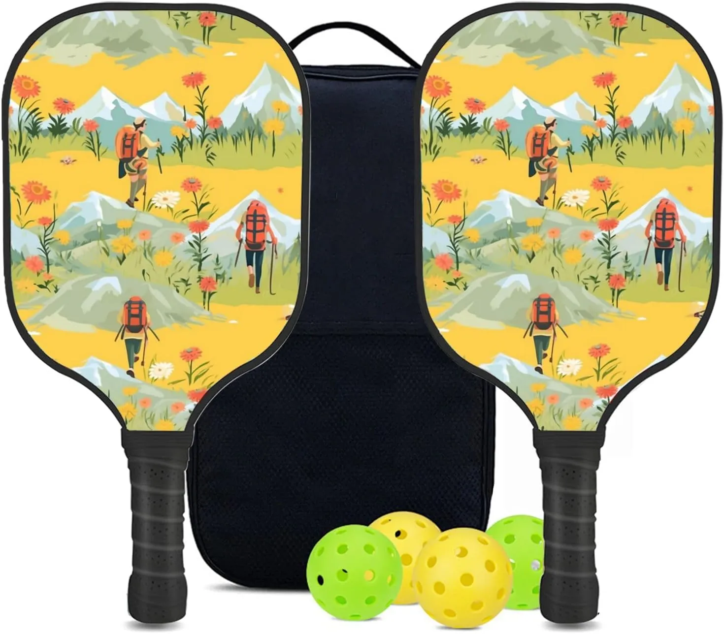 Custom Pickleball Paddles Set with 2 Pickleball Rackets 4 Pickle Balls 1 Carry Bag, Hiking-BJ400 Pattern, Carbon Fiber,Honeycomb Polymer Core & Comfort Grip