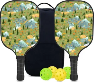Custom Pickleball Paddles Set with 2 Pickleball Rackets 4 Pickle Balls 1 Carry Bag, Hiking-BJ405 Pattern, Carbon Fiber,Honeycomb Polymer Core & Comfort Grip
