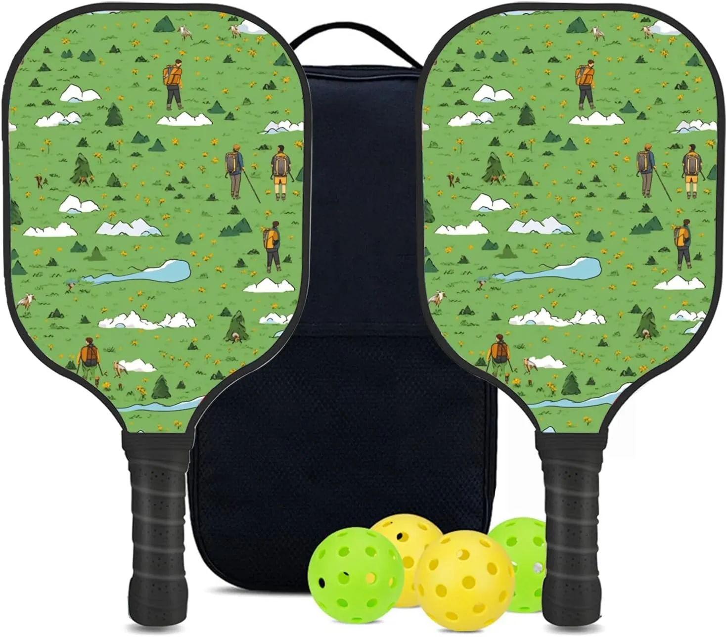 Custom Pickleball Paddles Set with 2 Pickleball Rackets 4 Pickle Balls 1 Carry Bag, Hiking-BJ410 Pattern, Carbon Fiber,Honeycomb Polymer Core & Comfort Grip