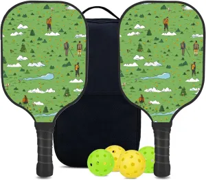 Custom Pickleball Paddles Set with 2 Pickleball Rackets 4 Pickle Balls 1 Carry Bag, Hiking-BJ410 Pattern, Carbon Fiber,Honeycomb Polymer Core & Comfort Grip
