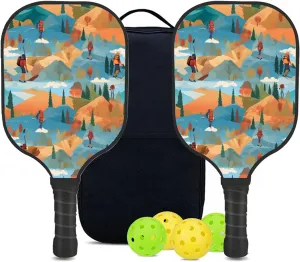 Custom Pickleball Paddles Set with 2 Pickleball Rackets 4 Pickle Balls 1 Carry Bag, Hiking-BJ411 Pattern, Carbon Fiber,Honeycomb Polymer Core & Comfort Grip